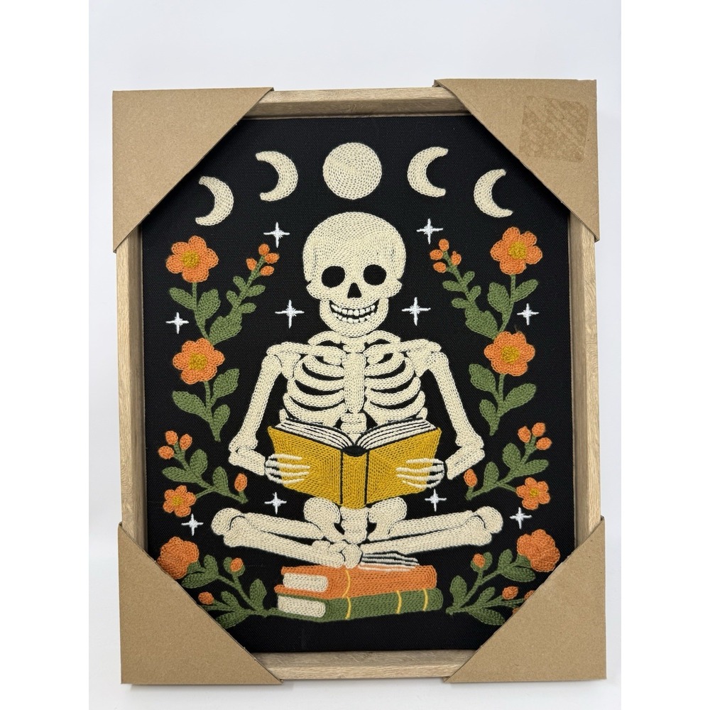 BP Home Woven Artistry Framed Reading Skeleton w/ Floral and Moon Accents 12x14
